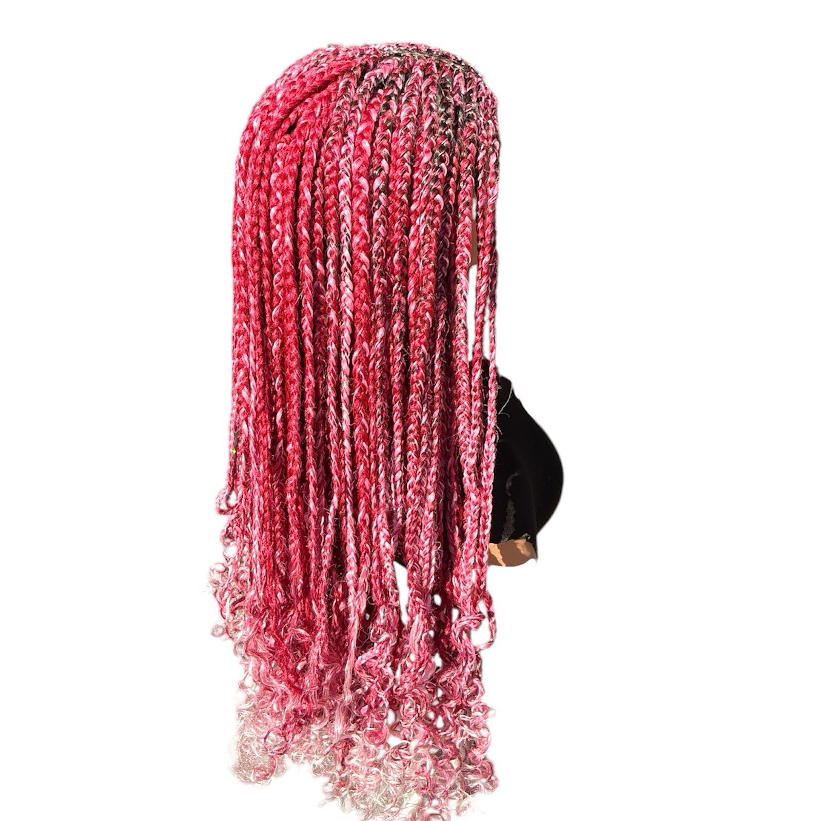 Handmade 4×4 Lace Cornrow Box Braided Wig Burgundy Pink Curly Ends