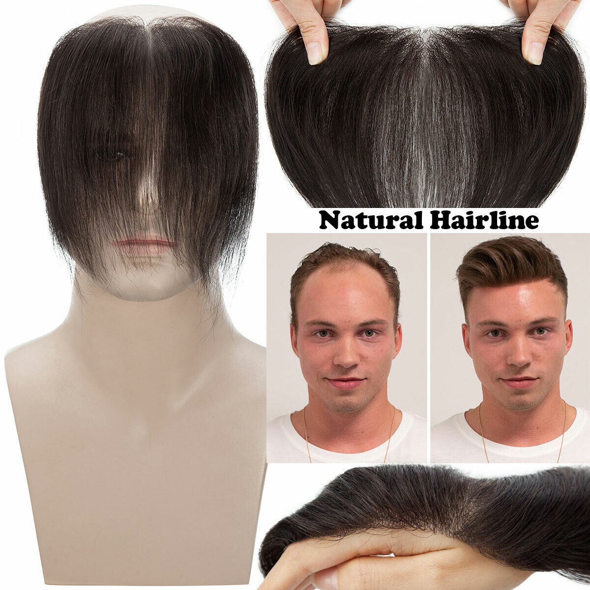 Mens Natural 100% Remy Human Hair Topper Toupee Hairpiece Super Thin Toupee Wigs