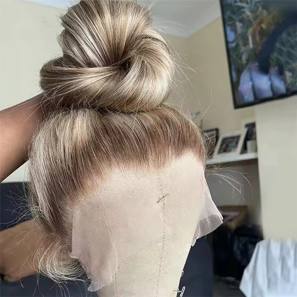 Streak Ash Blonde Brown Highlight Full Lace Front 100% Human Hair Wig for Women