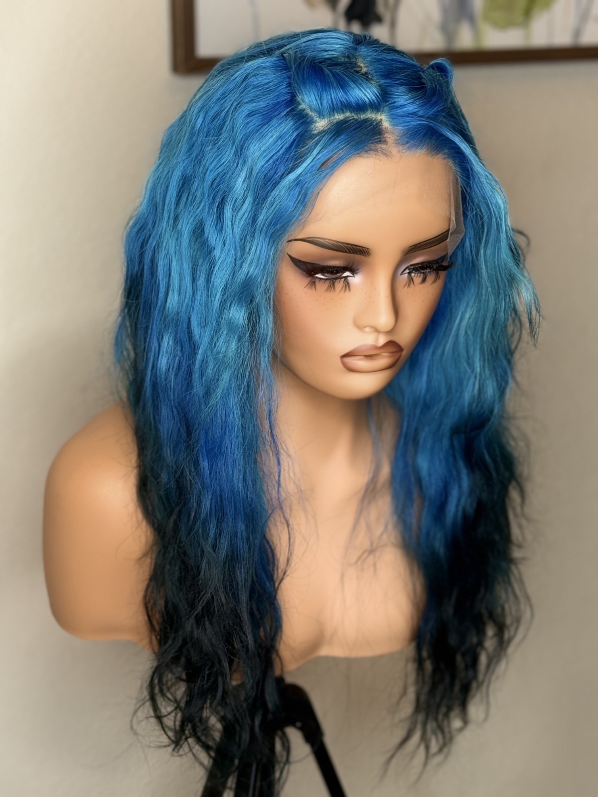 Ava 18″ Blue Black Ombre Body Wave Human Hair Unit Lace Closure Wig Frontal
