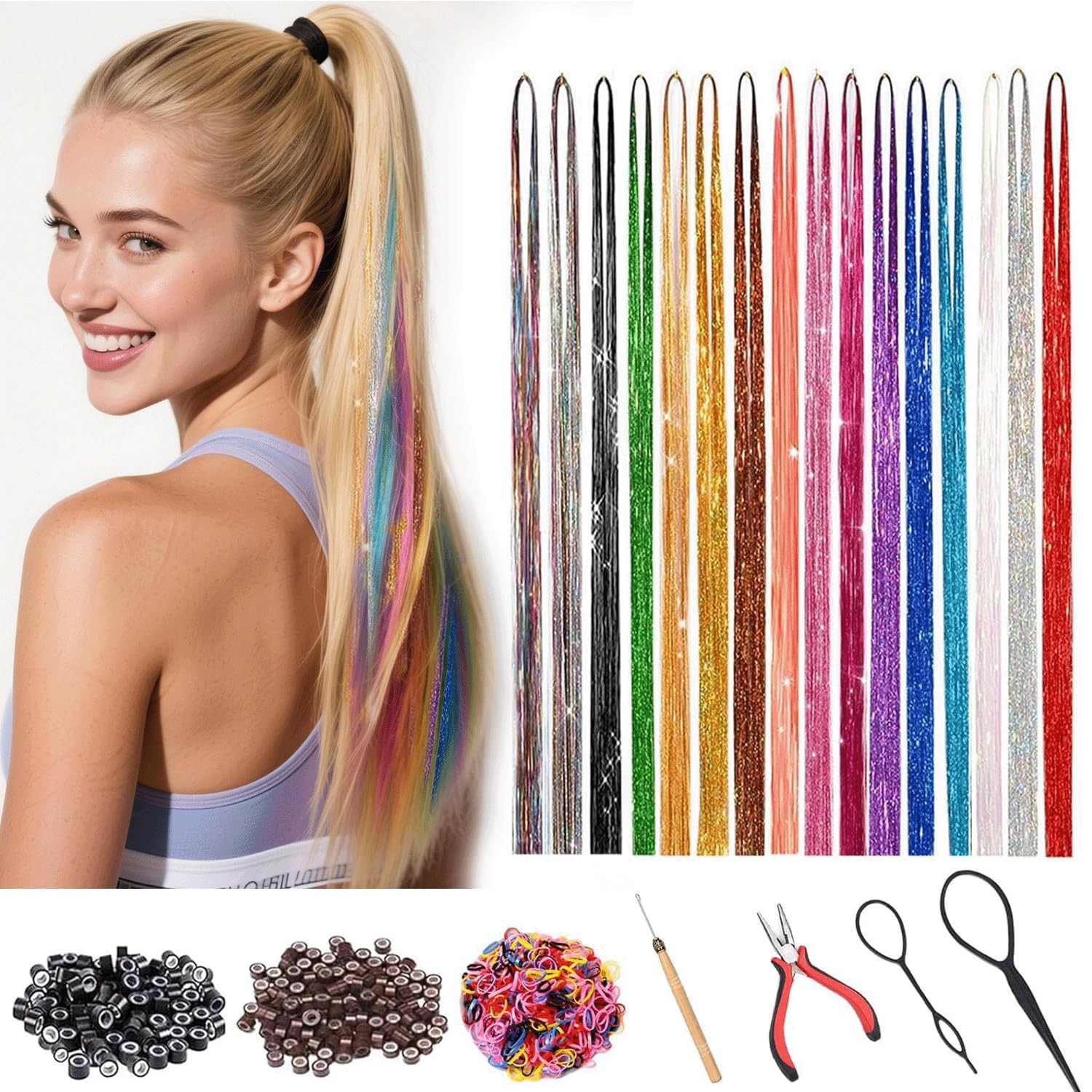 Hair Tinsel Kit with Tools, 16 Colors 3200 Strands 48 Inch, Multicolor