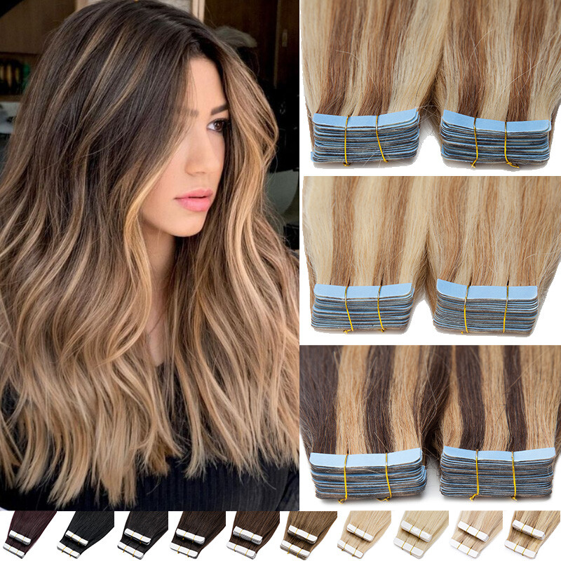 10-60PCS Tape In 100% Real Remy Russian Human Hair Extensions Skin Weft Thick US