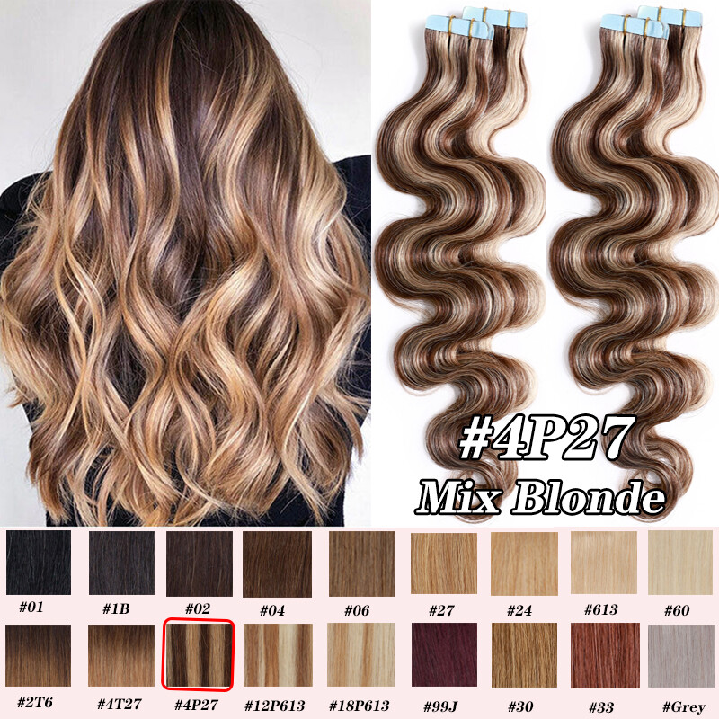 Skin Weft Remy Real Human Hair Extensions Tape In Full Head 200g WAVY Balayage