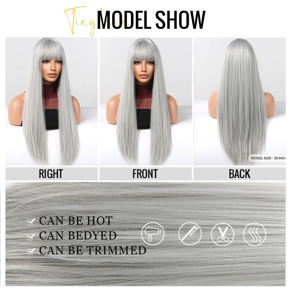 Silver Ash Gray Long Straight Synthetic Wigs Natural Hair with Bangs White Women