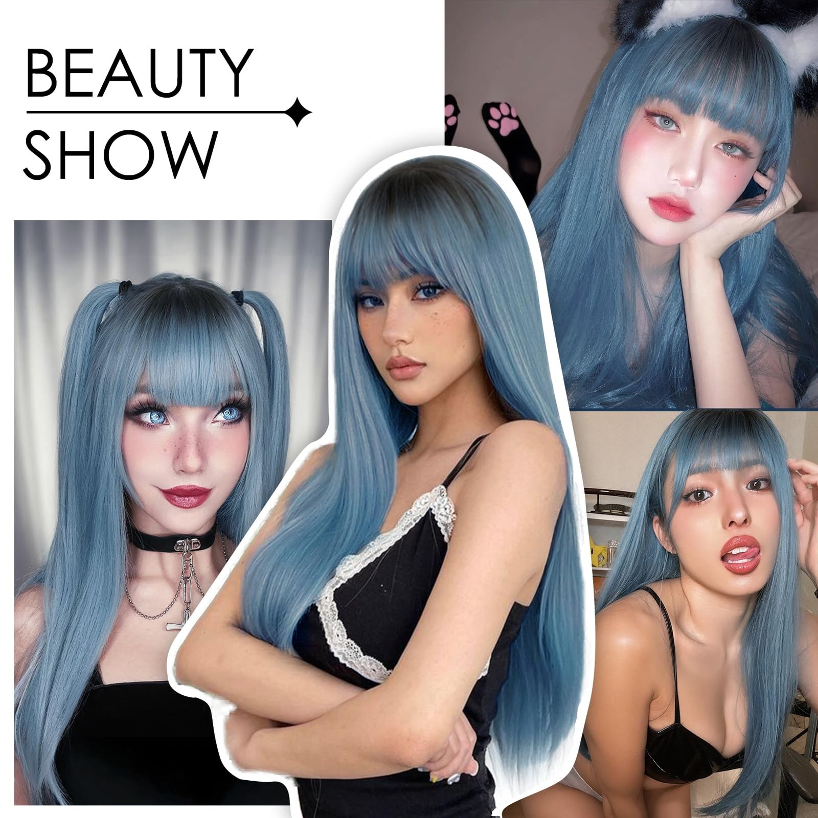 Ombre Blue Wig with Bangs Long Straight Mixed Blue Wigs for Women Cosplay Wig…