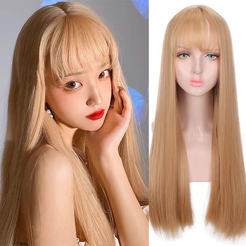Japanese Korean Style Golden Long Straight Wig with Bangs Heat Resistant Fiber