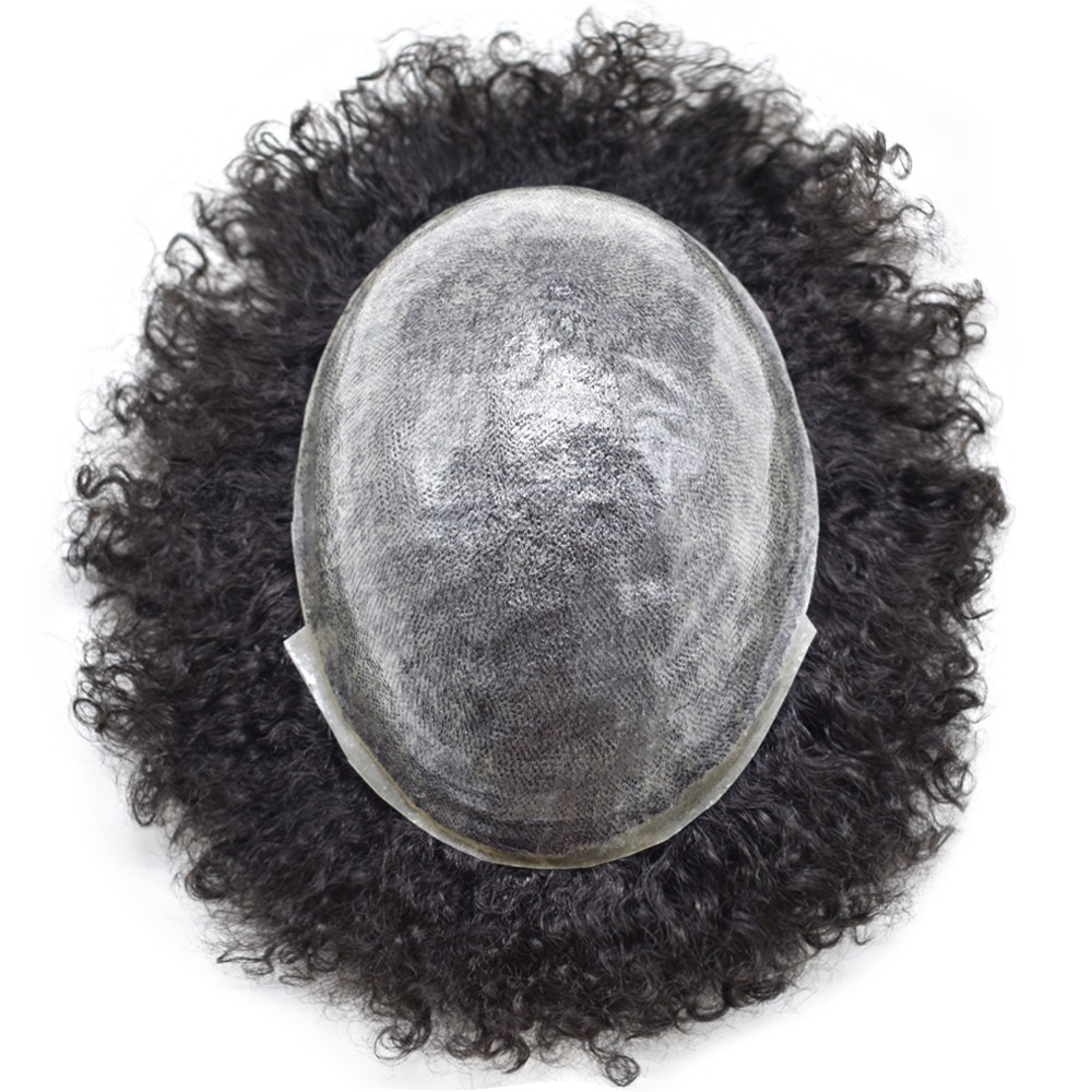Black Afro Curl Mens Toupee Poly Skin 100%Human Hair African American Hairpieces