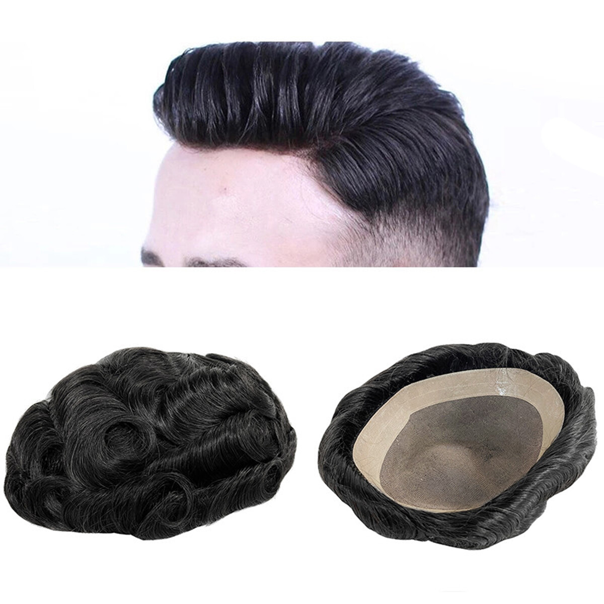 Fine Mono Mens Toupee Hairpiece Poly Skin Around Men Hair Replacement System Wig