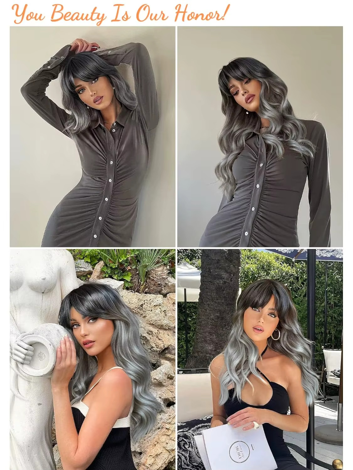 Long Wavy Silver Ash Ombre Cosplay Synthetic Wigs Natural Curly Gray Black Hair