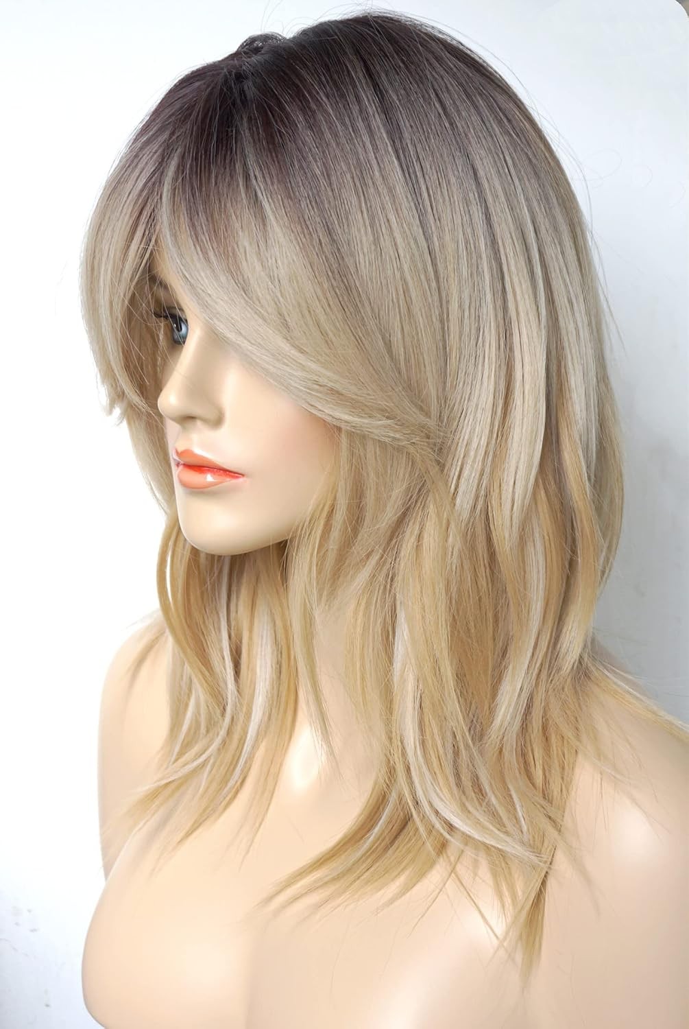 Medium Length Blonde Ombre Wolf Tail Wavy Wig for White Women Short Wavy Hair