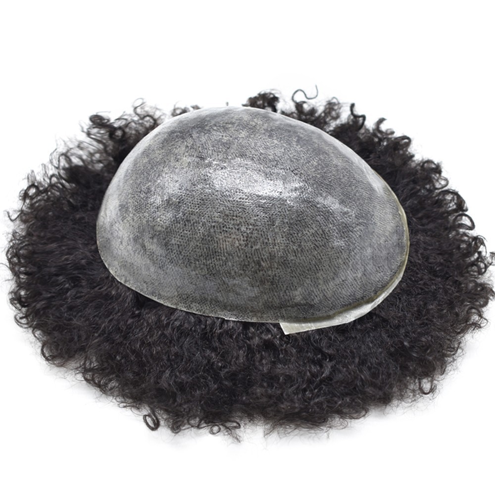 Afro Curly Black Men Toupee Hairpiece Full Poly Kinky Curly Human Hair PU system