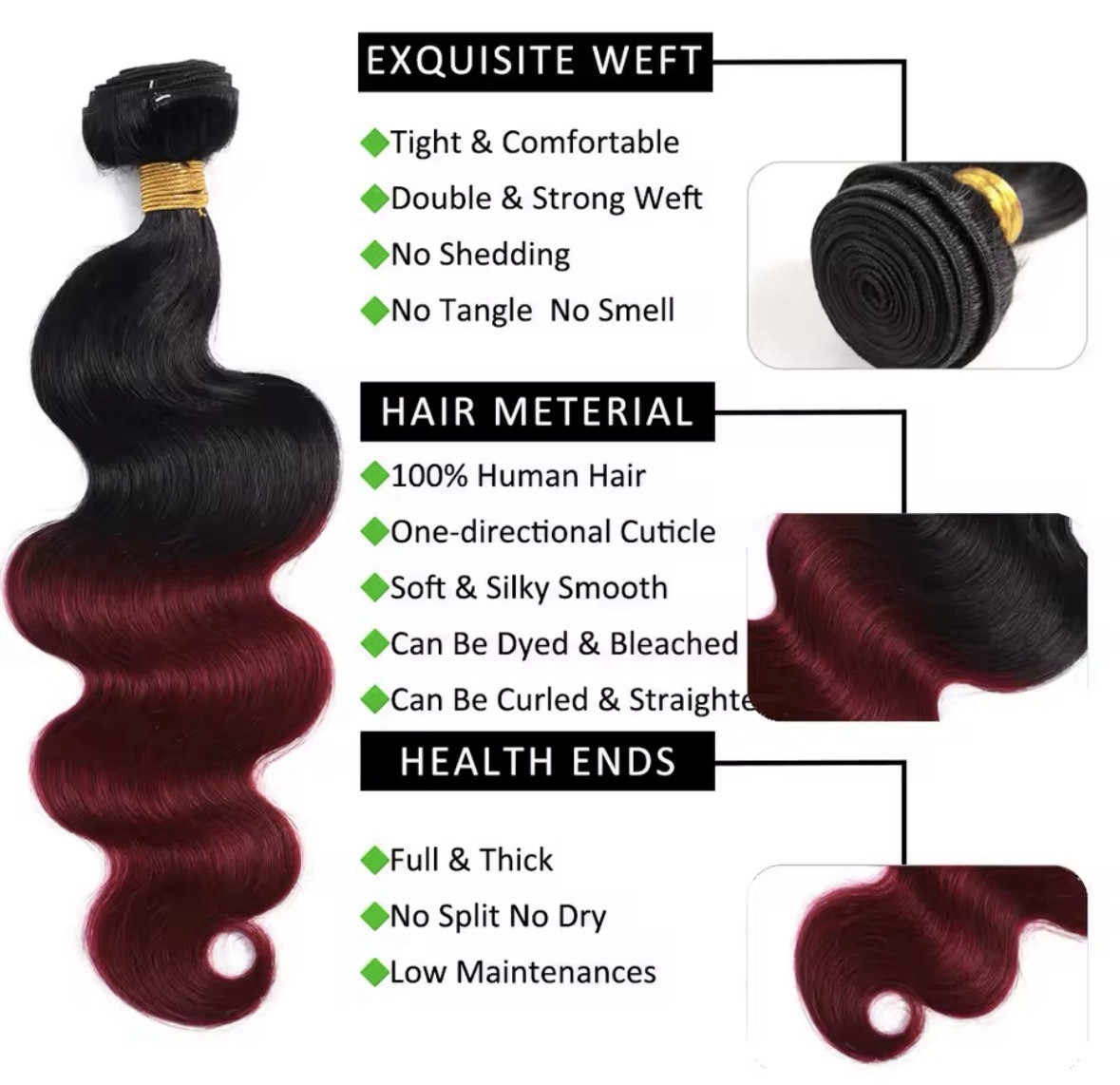 Human Hair Bundle 12” 14” & 16” with 4 x 4 Lace Closure 1B/99J Body Wave W/GIFT