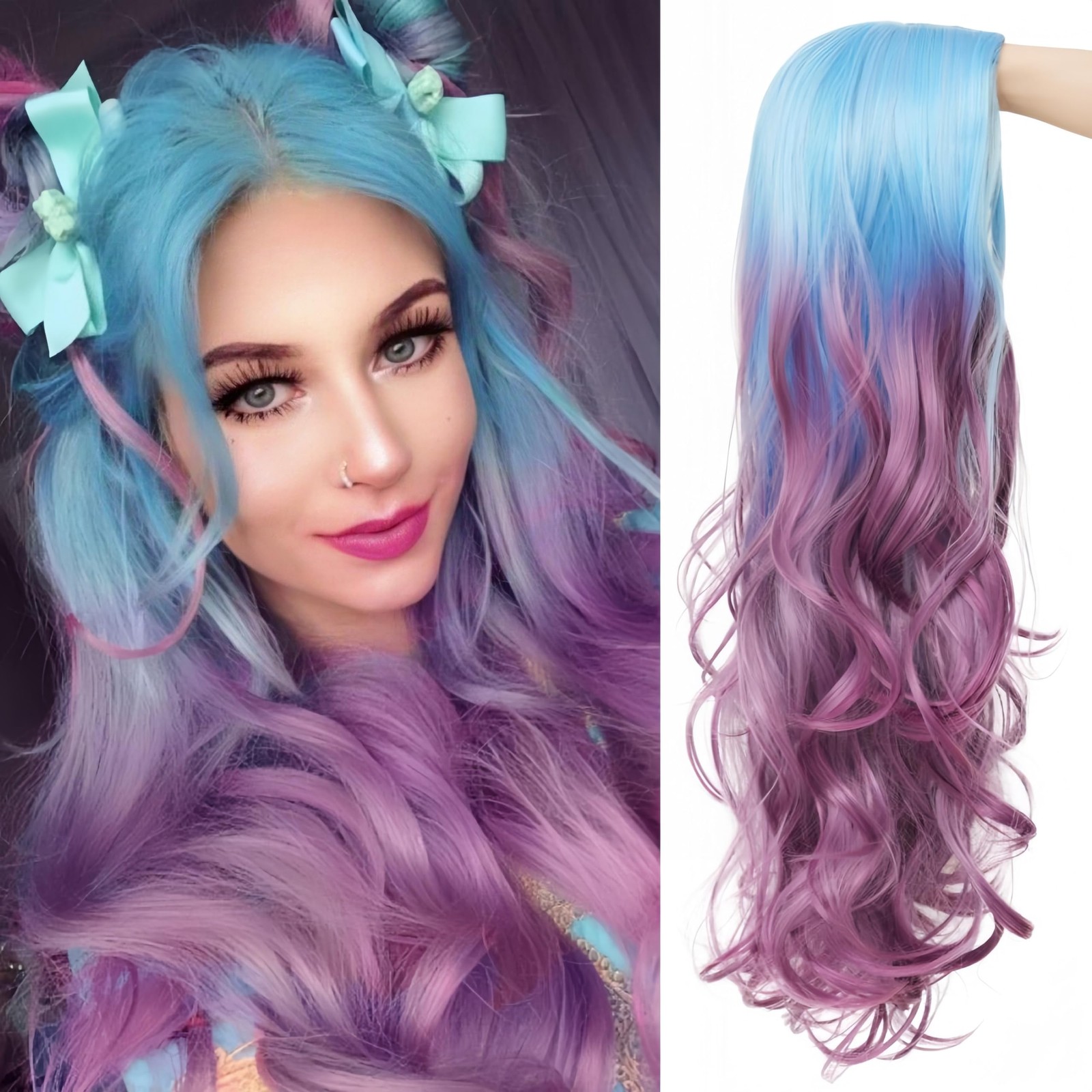 Long Curly Wave Ombre Purple Wig for Women Blue To Purple Hair Wigs Middle Pa…