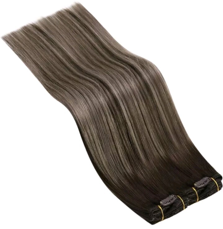 Ugeat Straight Clip in Hair Extensions Balayage Brown With Blonde Hair, 5pc-12in