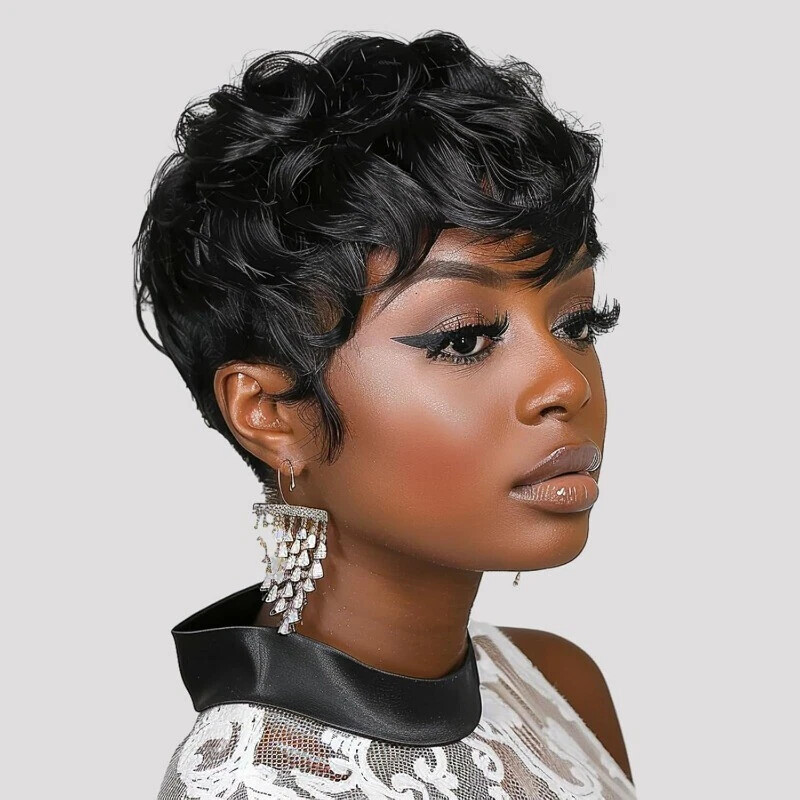 Short Black Curly Pixie Wigs Synthetic Natural Wavy Hair Wigs for Black Women US