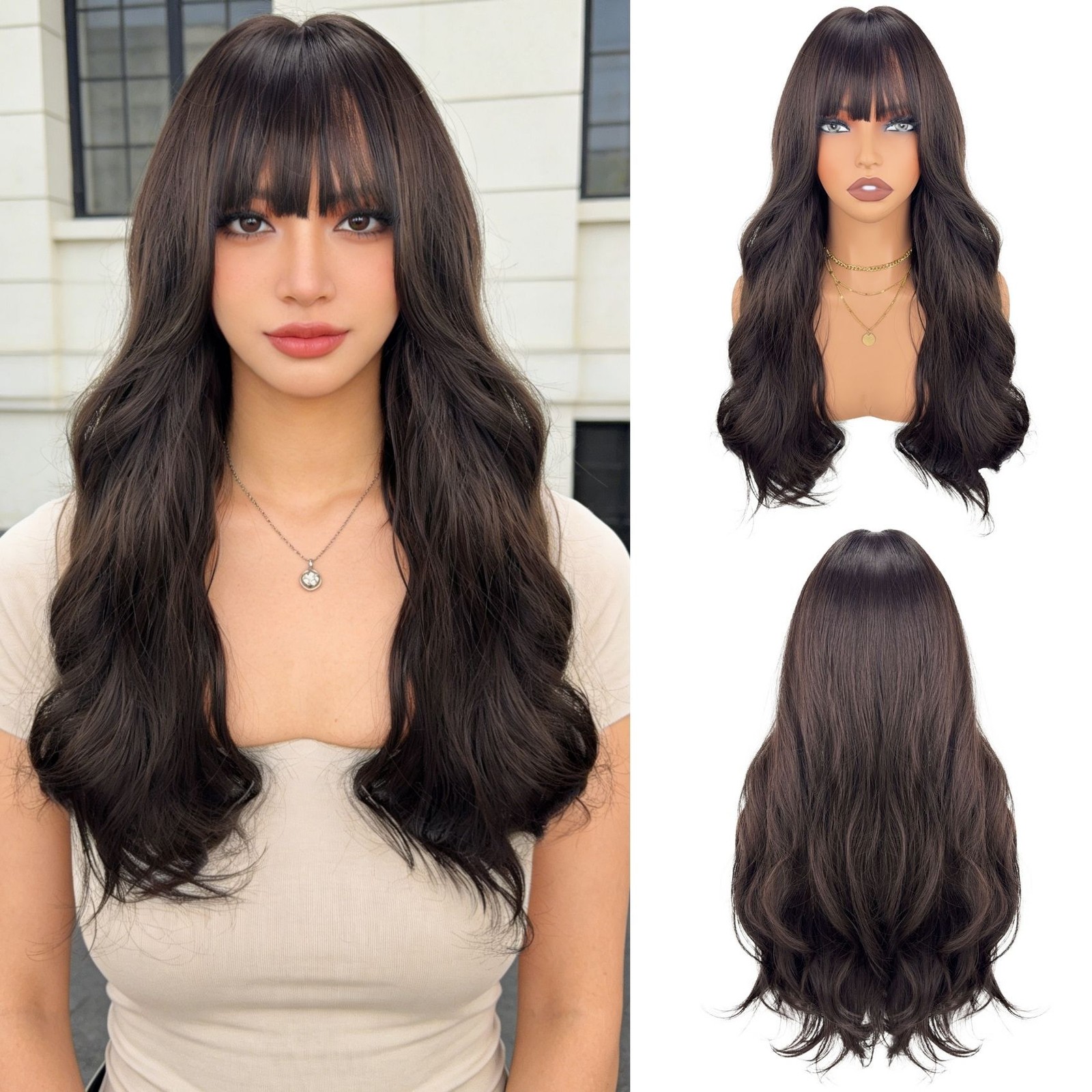 24in Dark Brown Wavy Wig with Bangs Heat Resistant Synthetic Party Wedding