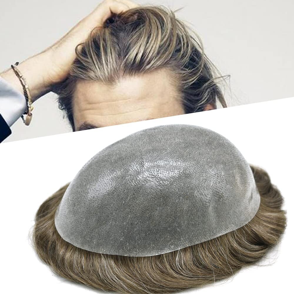 Full PU Mens Toupee Durable Poly Invisible Thin Skin Human Hairpiece Wig