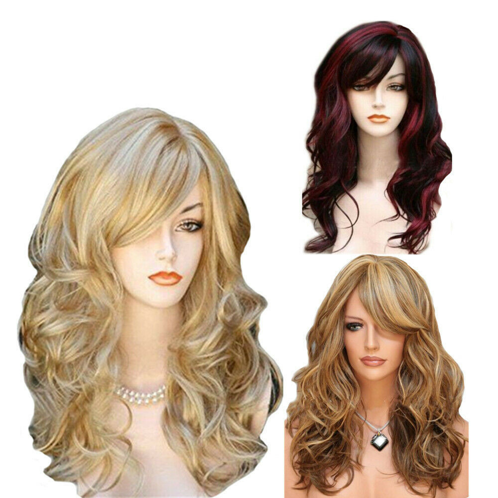 23″ Women Long Blonde Curly Wig Natural Wavy Hair Wigs w/ Bangs Cosplay Party