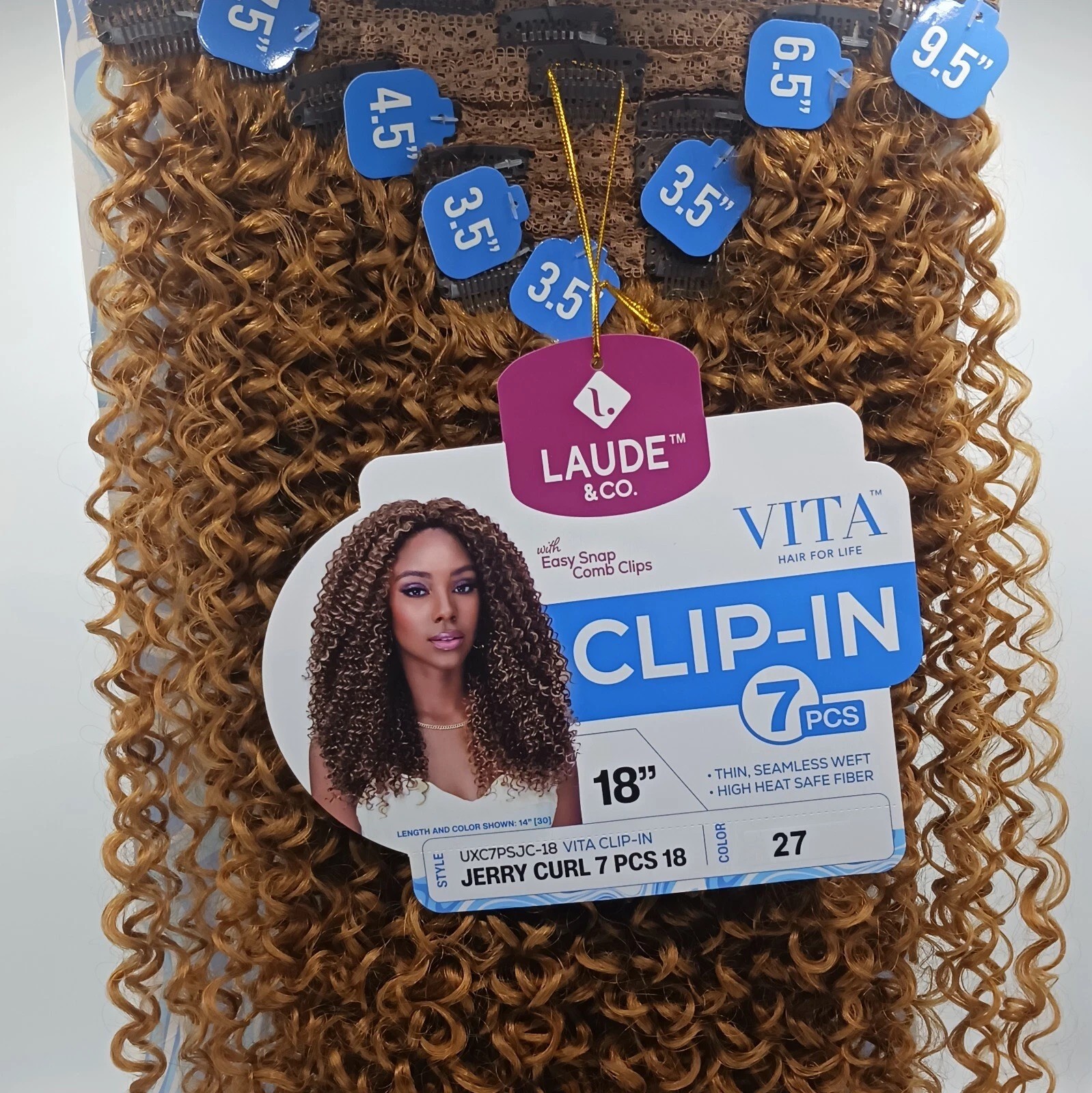 Hair Extension, Clip- Ins, Jerry Curl 18″ 7Pcs, Color 27
