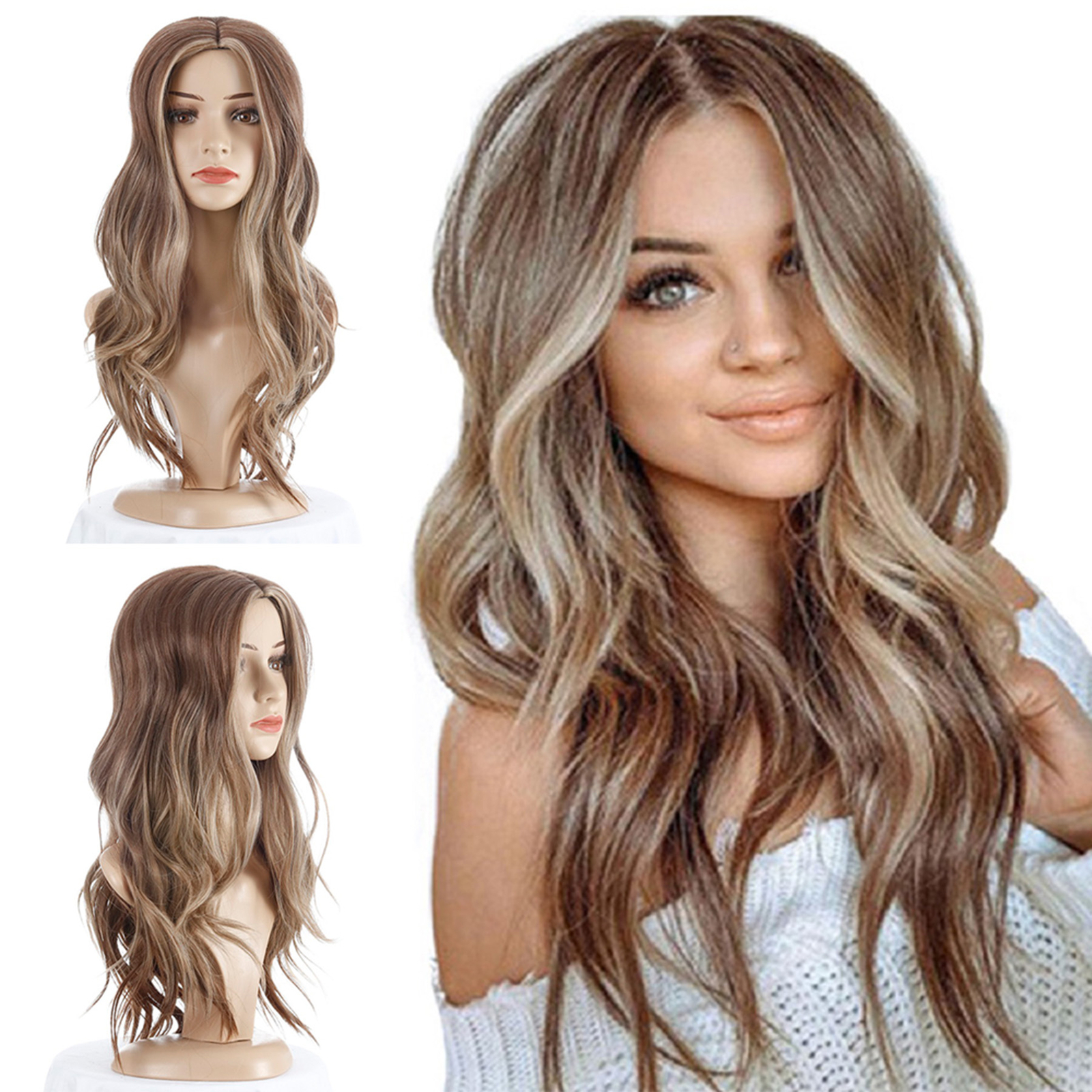Light Brown Blonde Daily Wigs Ombre Long Wavy Synthetic Hair for Women Cosplay