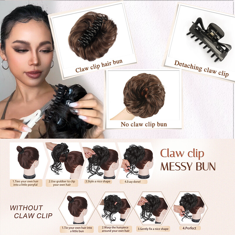 Clip on in Messy Bun Curly Hair Piece Extensions Hair Wedding Claw Clip AS REAL