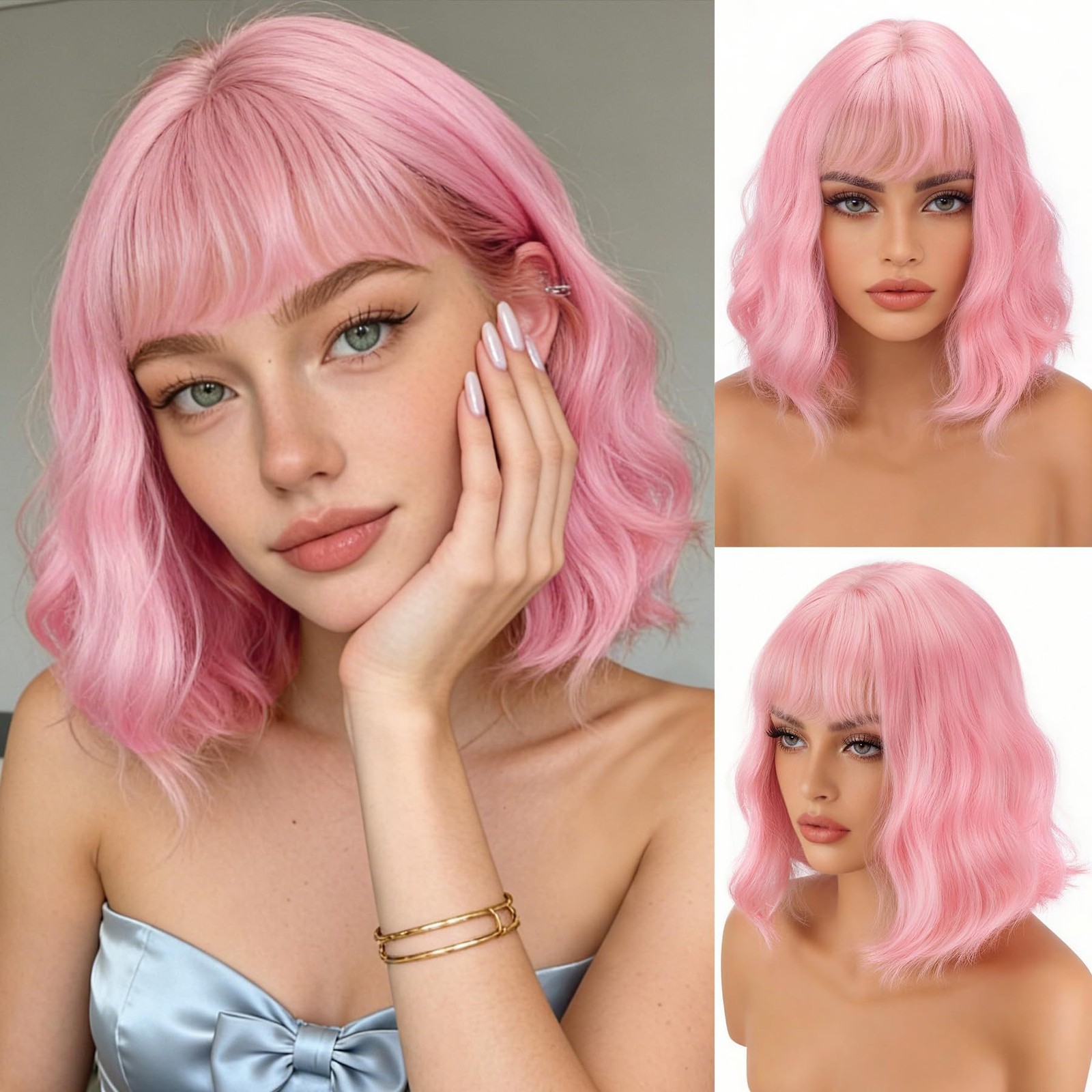 Women Short Water Wave Curly Wig Full Bangs Heat Resistant Synthetic Natural