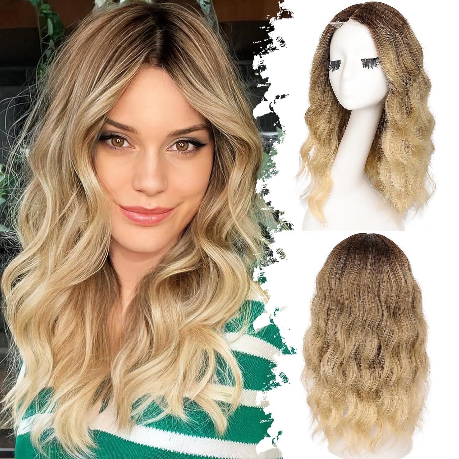 Small Lace Water Wave Short Curly Synthetic Full Head Wig Heat Resistant Daily