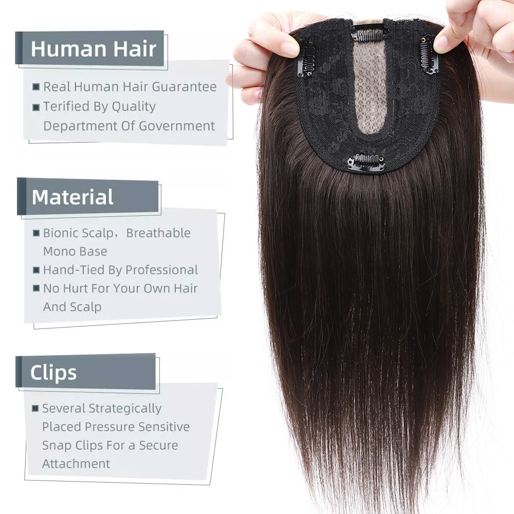 Top Silk Base 100% Remy Human Hair Topper Toupee Top Hairpiece Clip In Bangs Wig