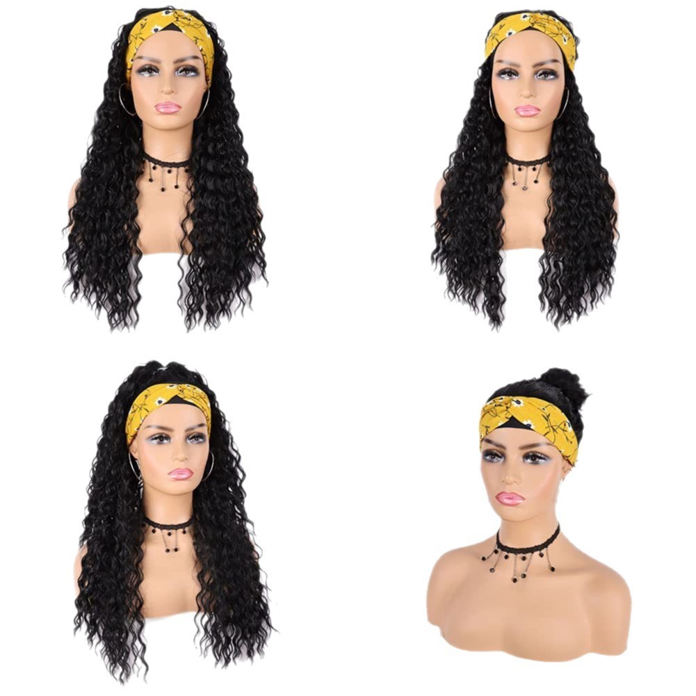 Women Headband Wig Long Curly Black Synthetic Hair Ice Silk Band