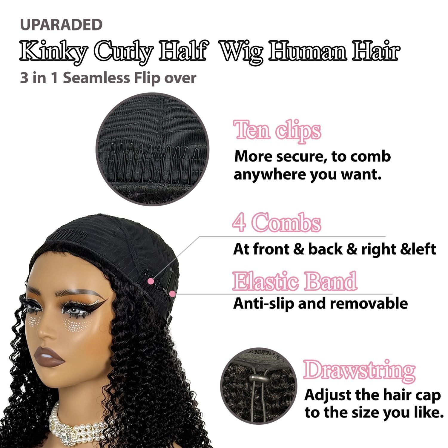 Kinky Curly Half Wig Human Hair 20″ Glueless Wig for Black Women – Natural Look