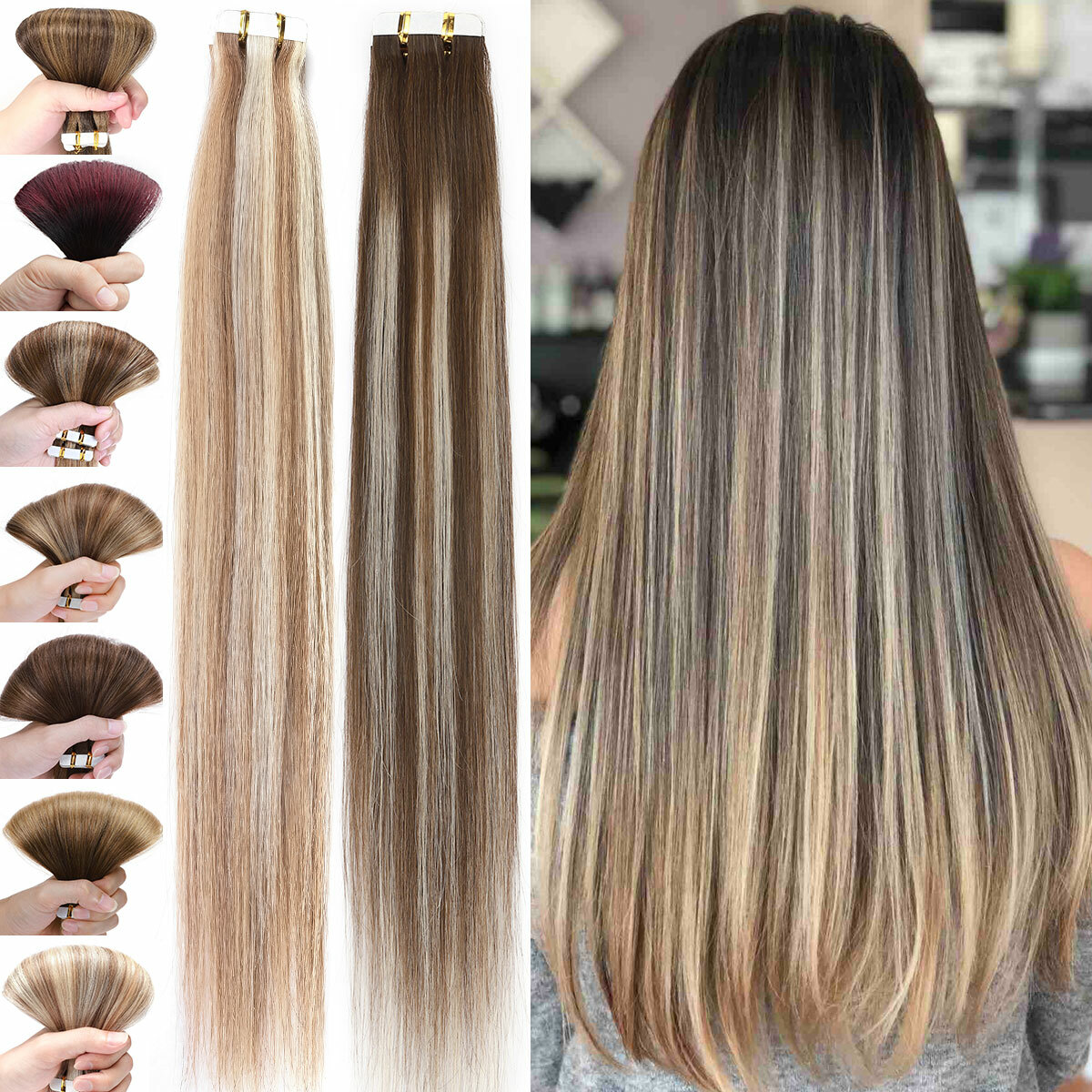 Invisible Skin Weft Tape In Human Hair Extensions 100% Remy Hair Full Head 150g