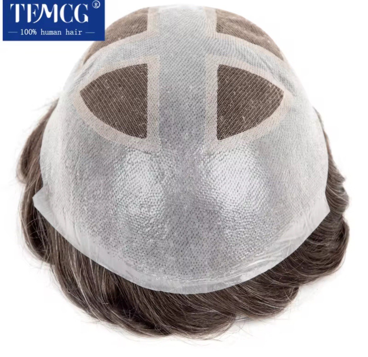 TEMCG Men’s Human Hair Toupee Hairpiece Mono Base Wavy Natural Multi Color