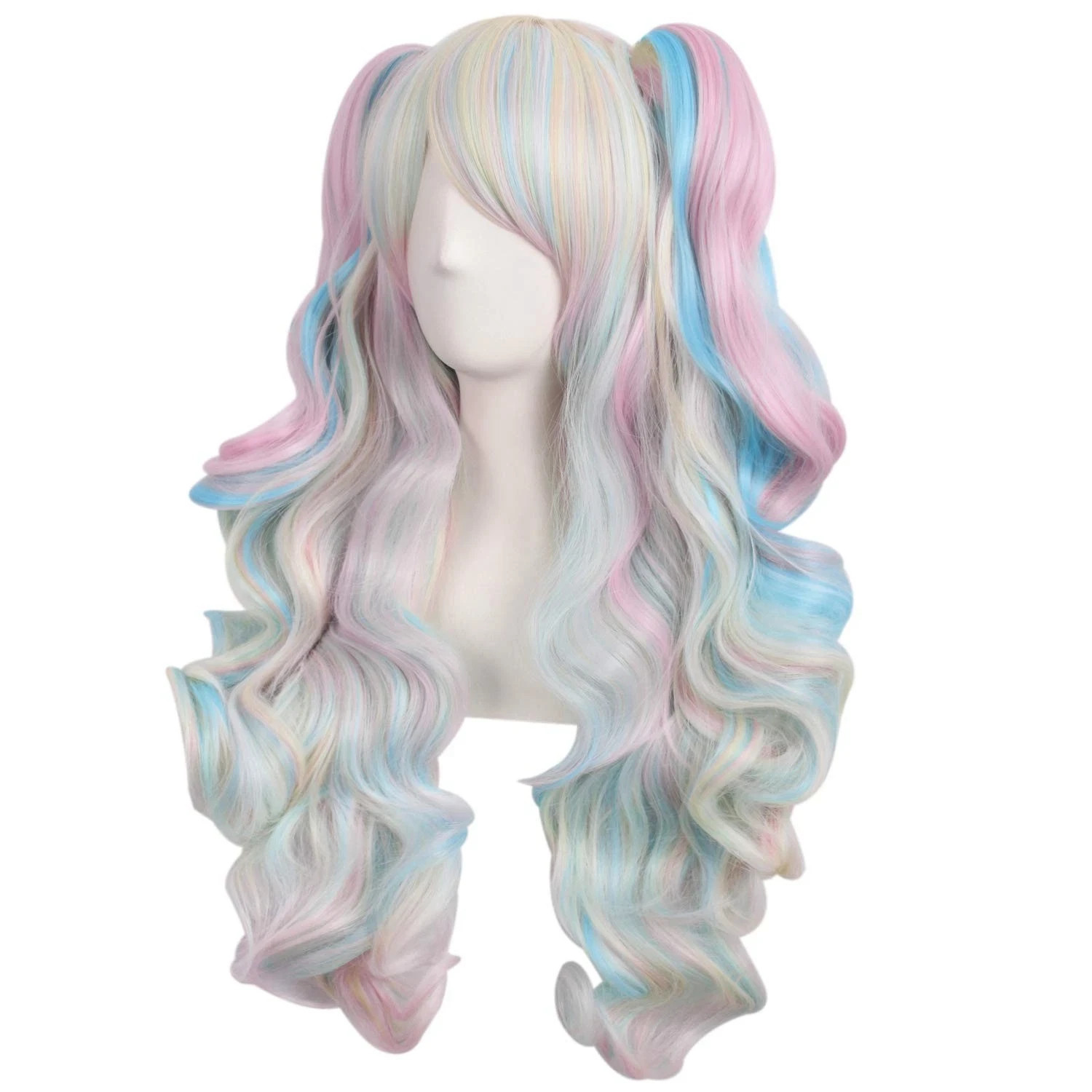 Multi-color Lolita Long Curly Clip on Ponytails Pink/Blue/Blonde