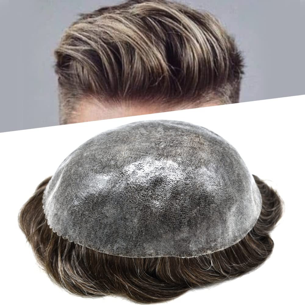 Mens Toupee Human HairSystems Full Poly Thin Skin HairPiece Replacement SystemUS