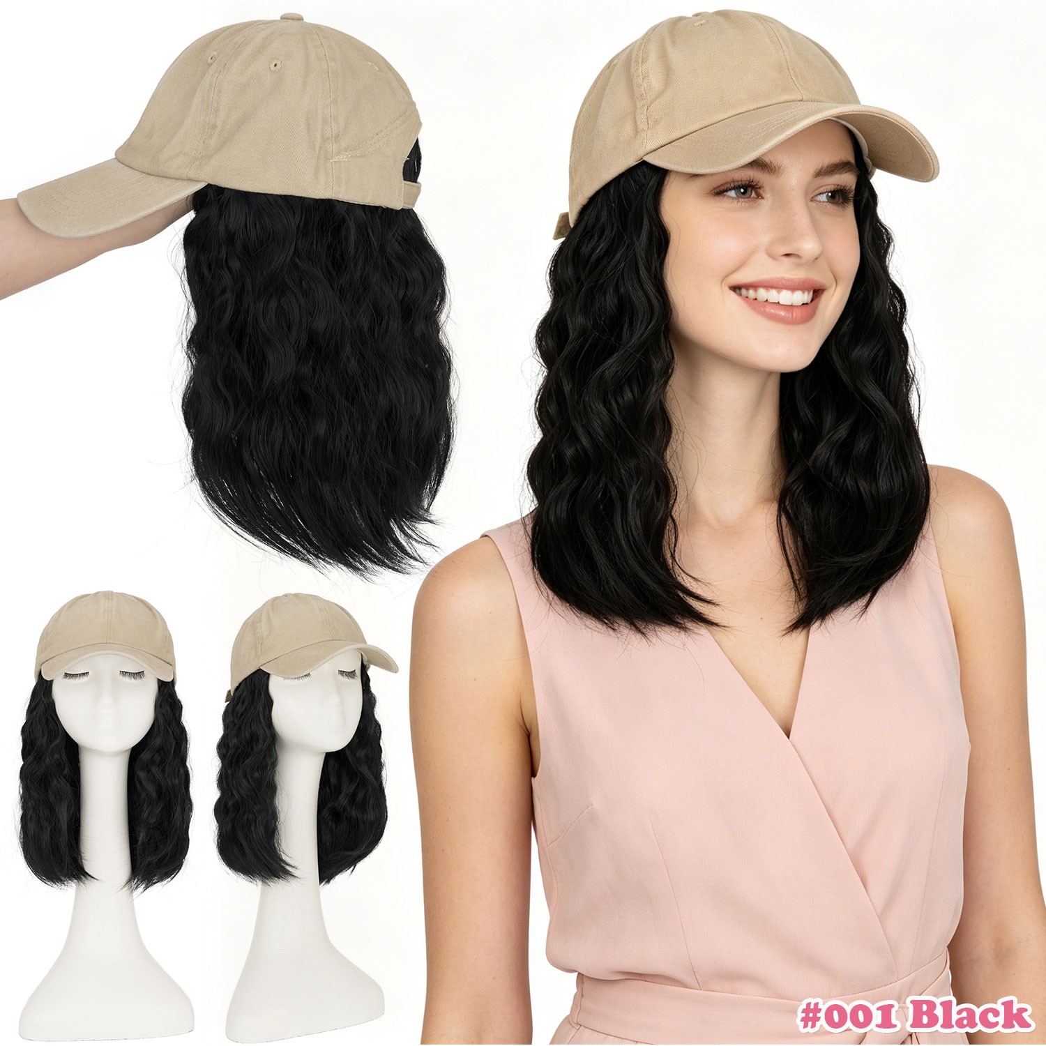Instant Style 8″ Curly Wavy Cap Wig Adjustable Baseball Hat with Attached Hair M
