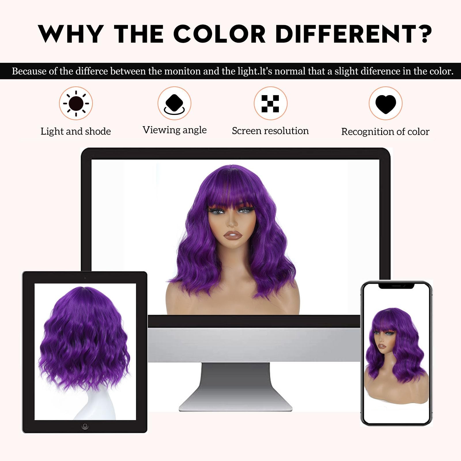 Amarlis Short Bob Wig Dark Purple Synthetic Wavy Wigs Bangs For Women – Cosplay