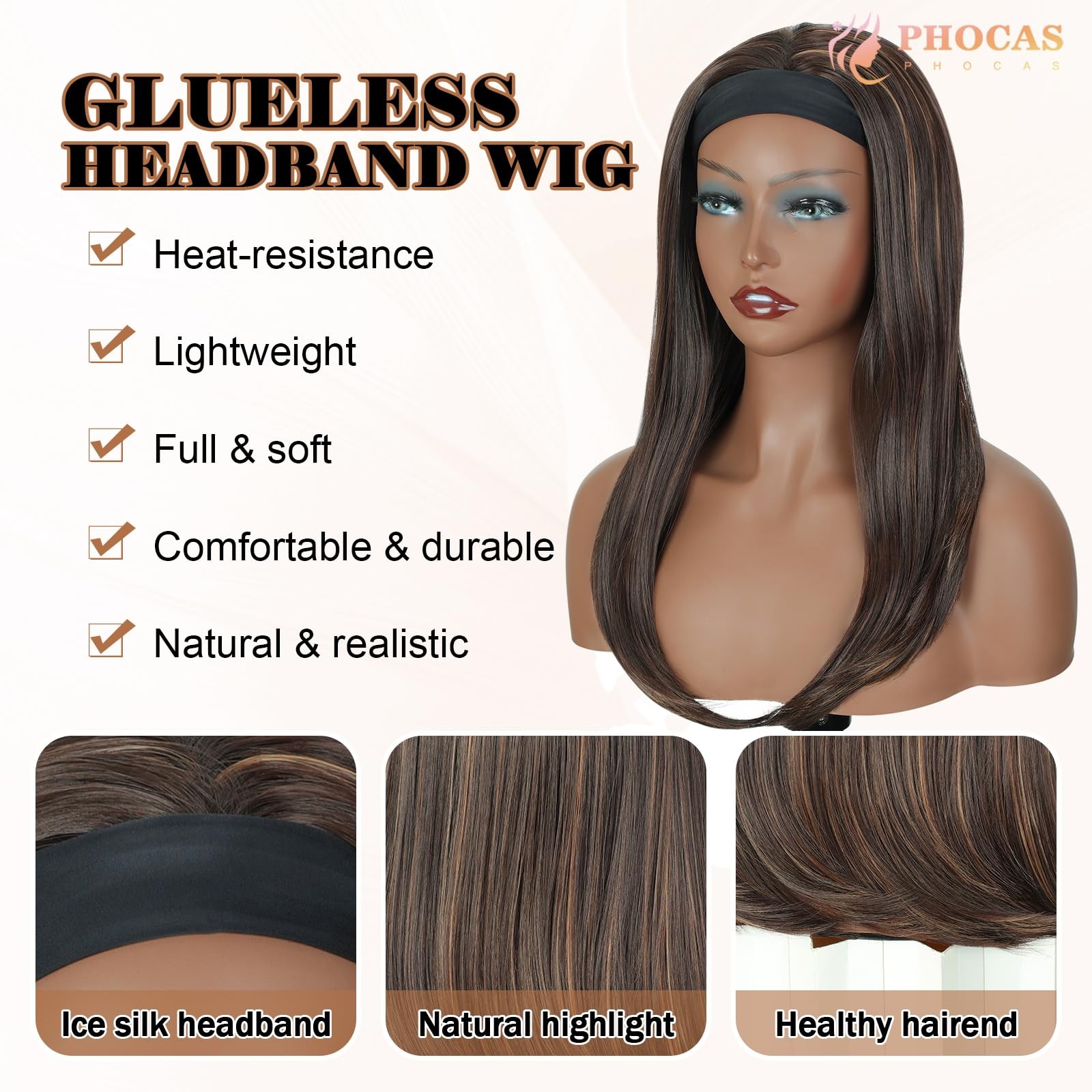 18″ Long Highlight Brown Headband Wigs for Dark Brown Headband with Highlight…