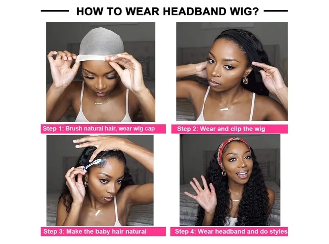 Deep Wave Headband Wig Human Hair 12 Inch Curly Headband Wigs for Black Women Hu