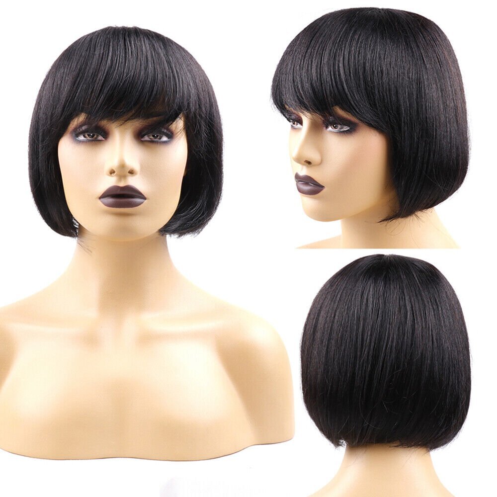 13″ Black Bob Wig with Bangs Short Bob Wigs Women Short Black Wig Heat Daily USA