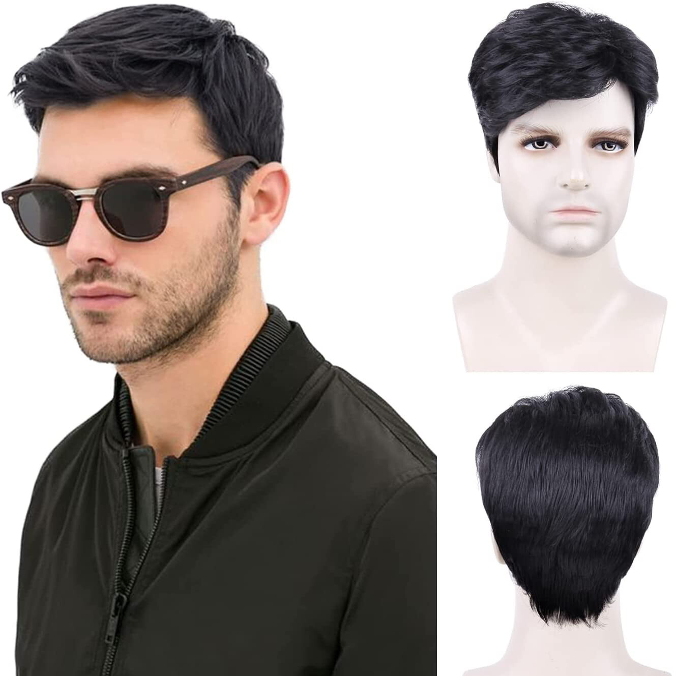 Men’s Black Men Wig Short Full Wigs Straight Little Wavy Synthetic Hair Daily US