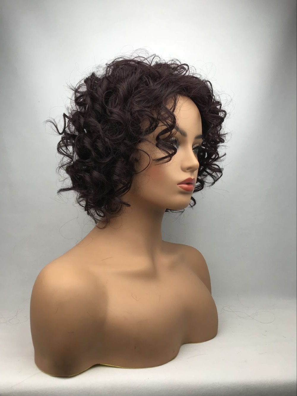Real Human Hair Fashion for Women Hair Style Short Dark Brown Curly Wig 12In
