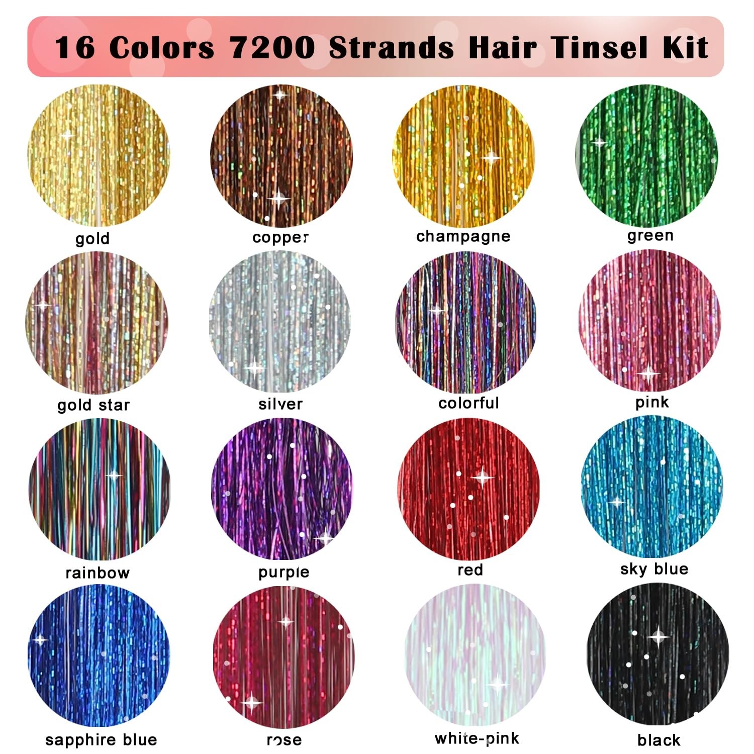 Kit de oropel para el cabello, 16 colores, 7200 mechones de oropel brillante