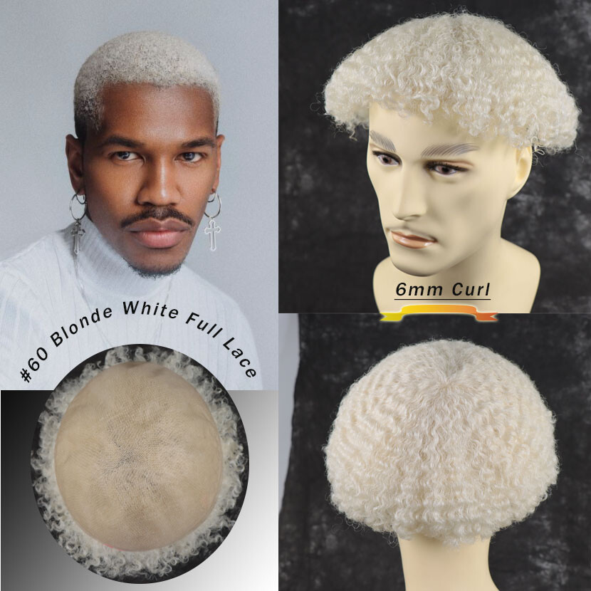 Men’s #60 Blonde White Hair Toupee Color 6mm Afro Curly 8×10 Full Lace Toupee