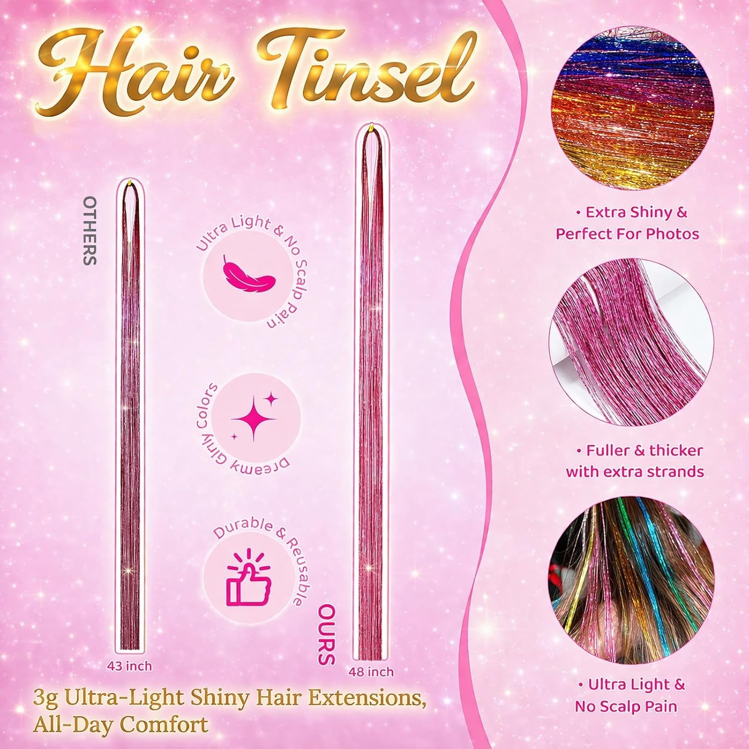 Hair Tinsel, 22 Colors Fairy Hair Tinsel Kit for Girls Women 48 Inch 8800 Str…