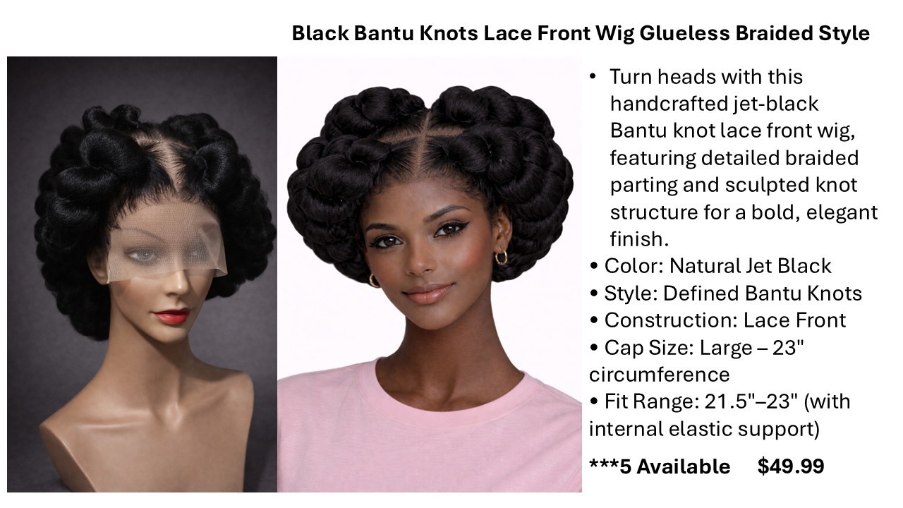 Natural Jet Black Bantu Knots Lace Front Sculpted Knot Bold & Braided Style Wig