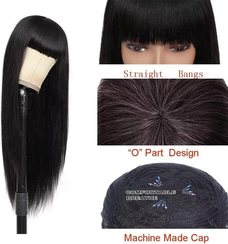 Straight Human Hair Wig With Bangs NO Lace Front Machine Made Wigs Glueless Wig