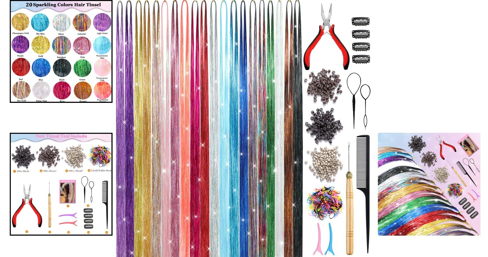 Fashion-Forward Hair Tinsel Kit: 20 Stunning Colors, Includes Easy-Use Tools