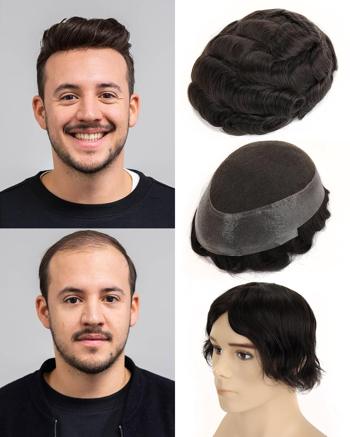 BEEOS Mens Hair Toupee French Lace with Thin Skin 8x10in 130% #1B Natural Black