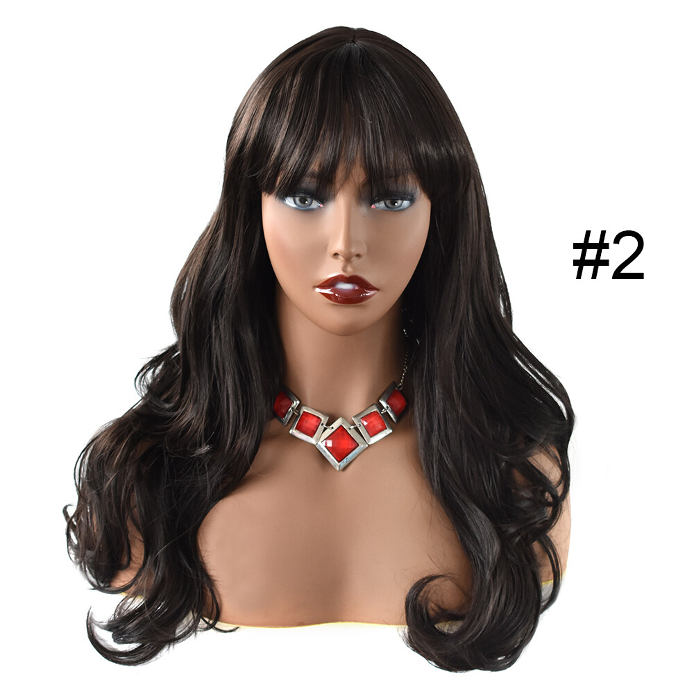 Women Synthetic Wig Long Wavy Hair with Bangs Machine Made Full Cap Glueless Wig