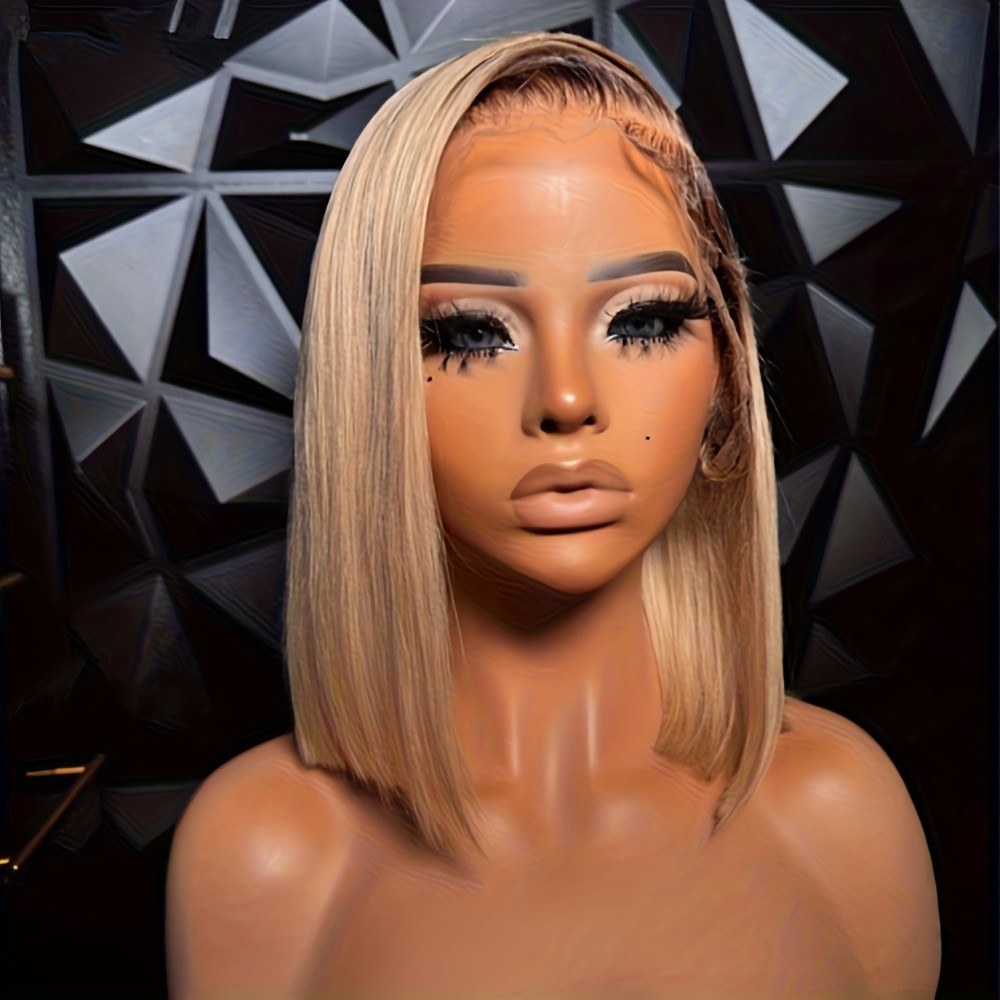 13×4 Synthetic Blonde Hair Ombre Light Ash Blonde Straight Short Bob Wigs Women